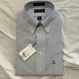 Men’s blue striped long sleeve button down dress shirt